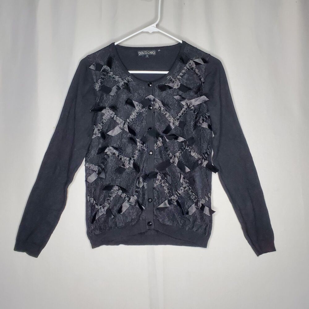 Dolce Cabo Cardigan Womens Small Black Lace Ribbon Bows Whimsigoth Grunge‎ Y2K